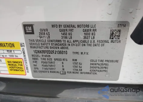 2015 Chevrolet Traverse Ls z USA, uszkodzony, nr VIN 1GNKRFED2FJ136010